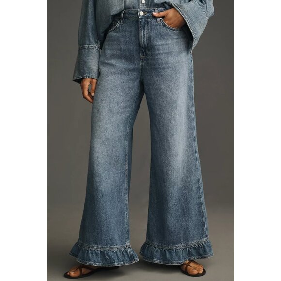 Pilcro High-Rise Wide-Leg Ruffle Flare Jeans 30 - Picture 2 of 3